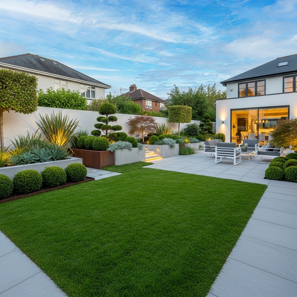 [Imagen de un jardín residencial moderno con un césped perfecto]
