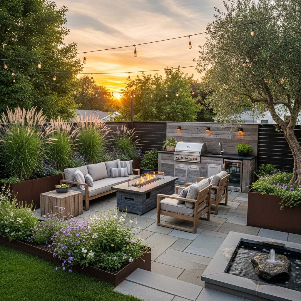 [Imagen de un patio trasero con muebles y diseño de paisajismo]