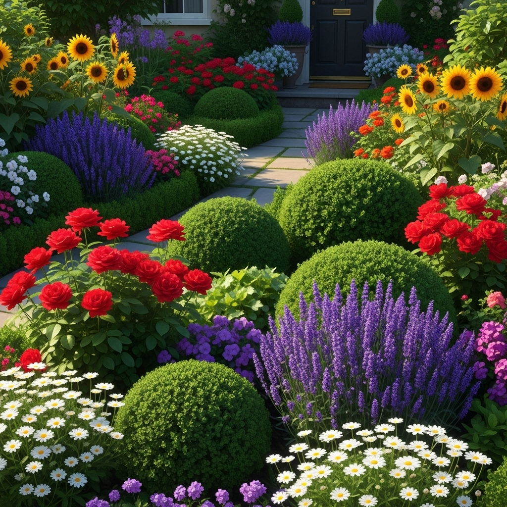 [Imagen de un jardín frontal con flores coloridas y arbustos bien cuidados]