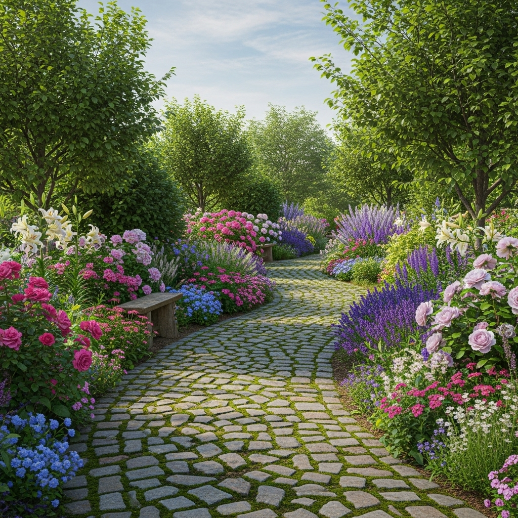 [Imagen de un camino de piedras serpenteando a través de un jardín]